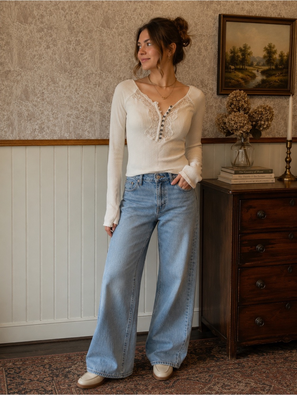 Free People White Ribbed Lace-Trim Henley Top